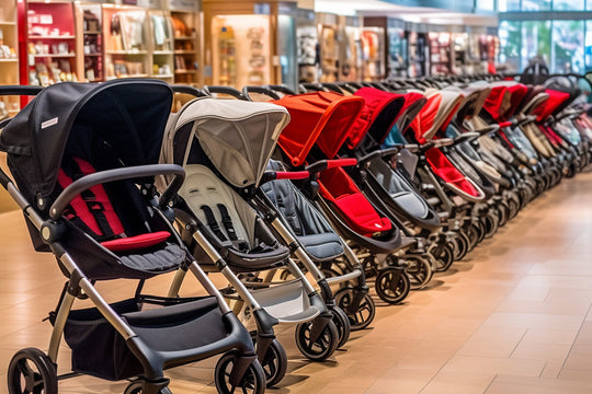 row of strollers in a store
