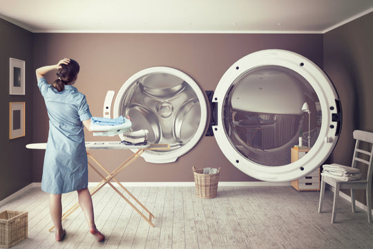 woman in a big space laundry room