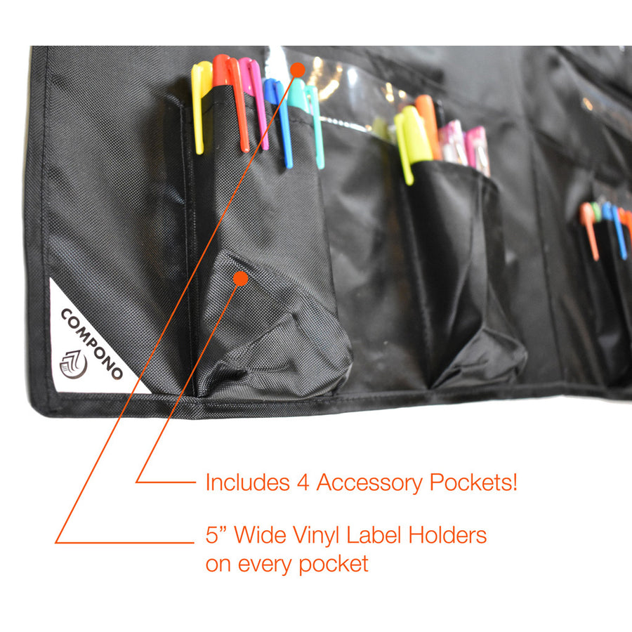 Closeup of pockets on 20 pocket chart black