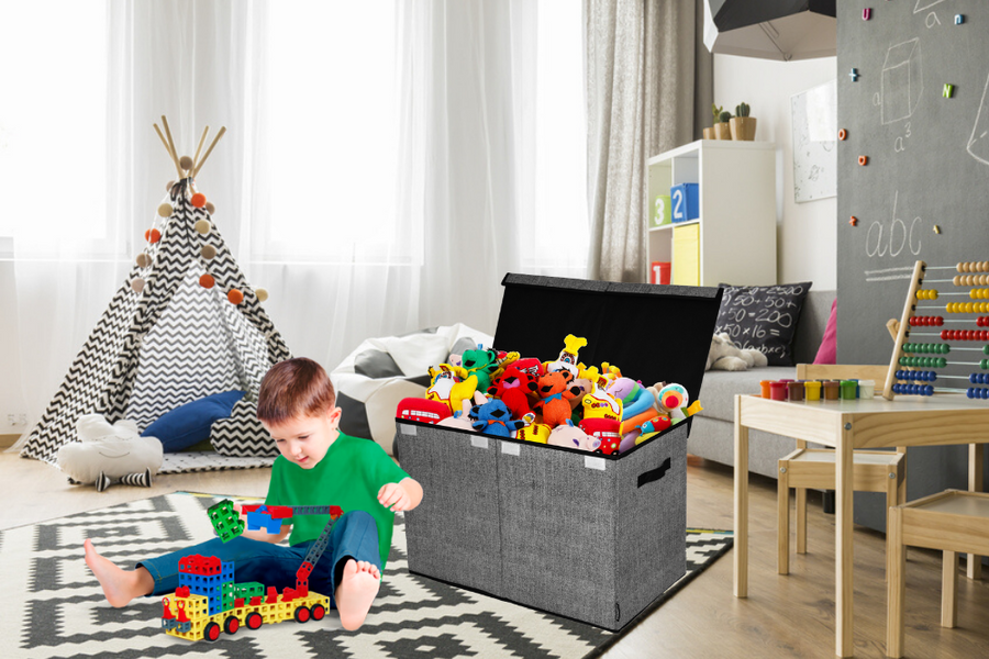 Kid with grey Toy Chest and Storage Box