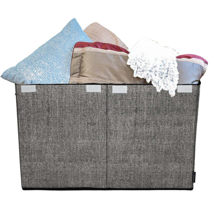 Gray Toy Chest and Storage Box with pillows blankets